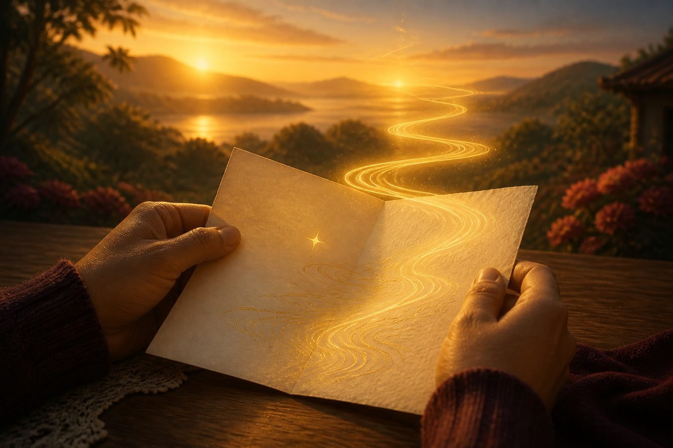 Mãos abrem a receita e um caminho de luz segue até o horizonte